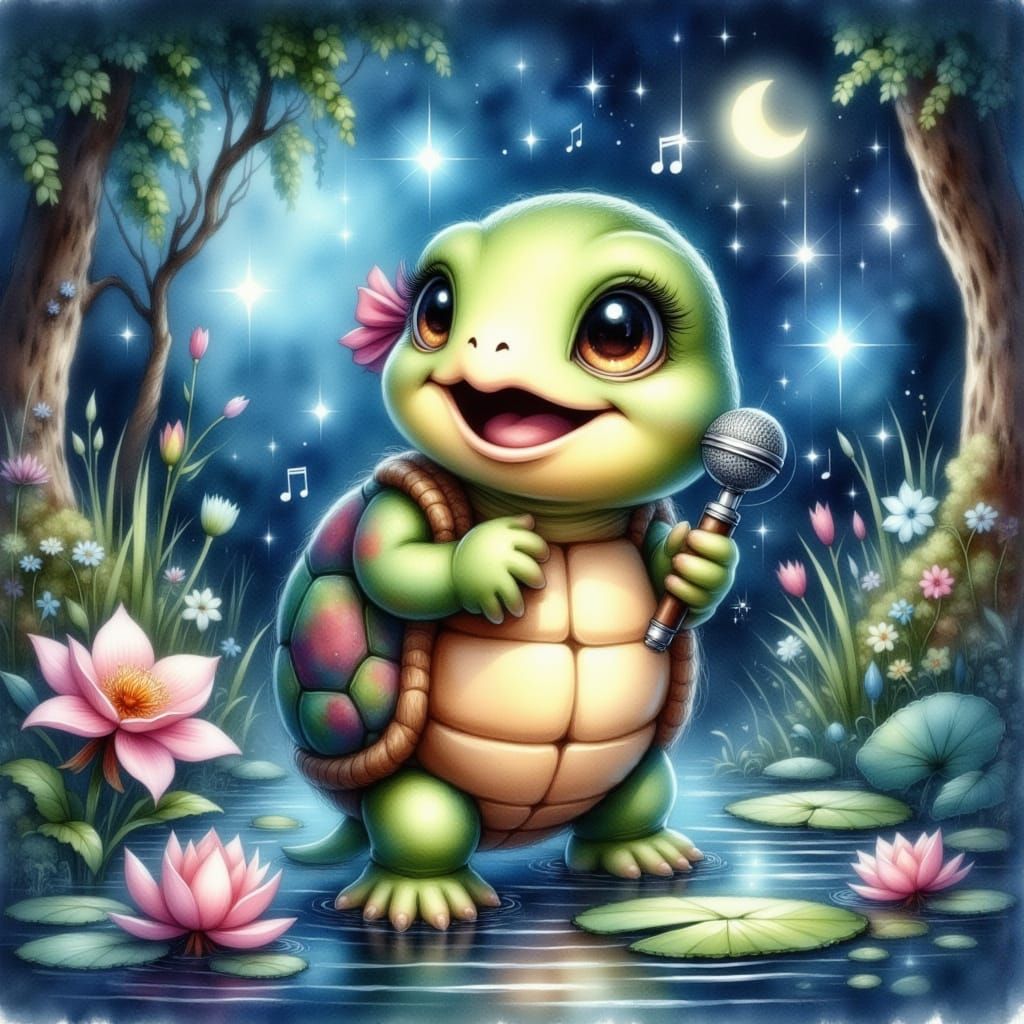 Cartoon Turtle's Watercolor Serenade Under Starry Sky