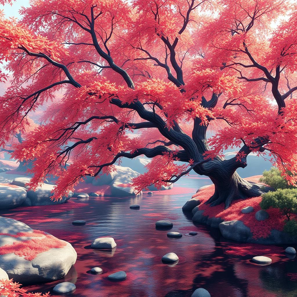 Surreal Maple Tree Beside Blood River: 3D Anime Art