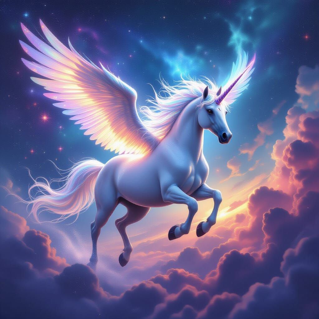 Winged Unicorn Galloping Across Nebula in Fantasy Art