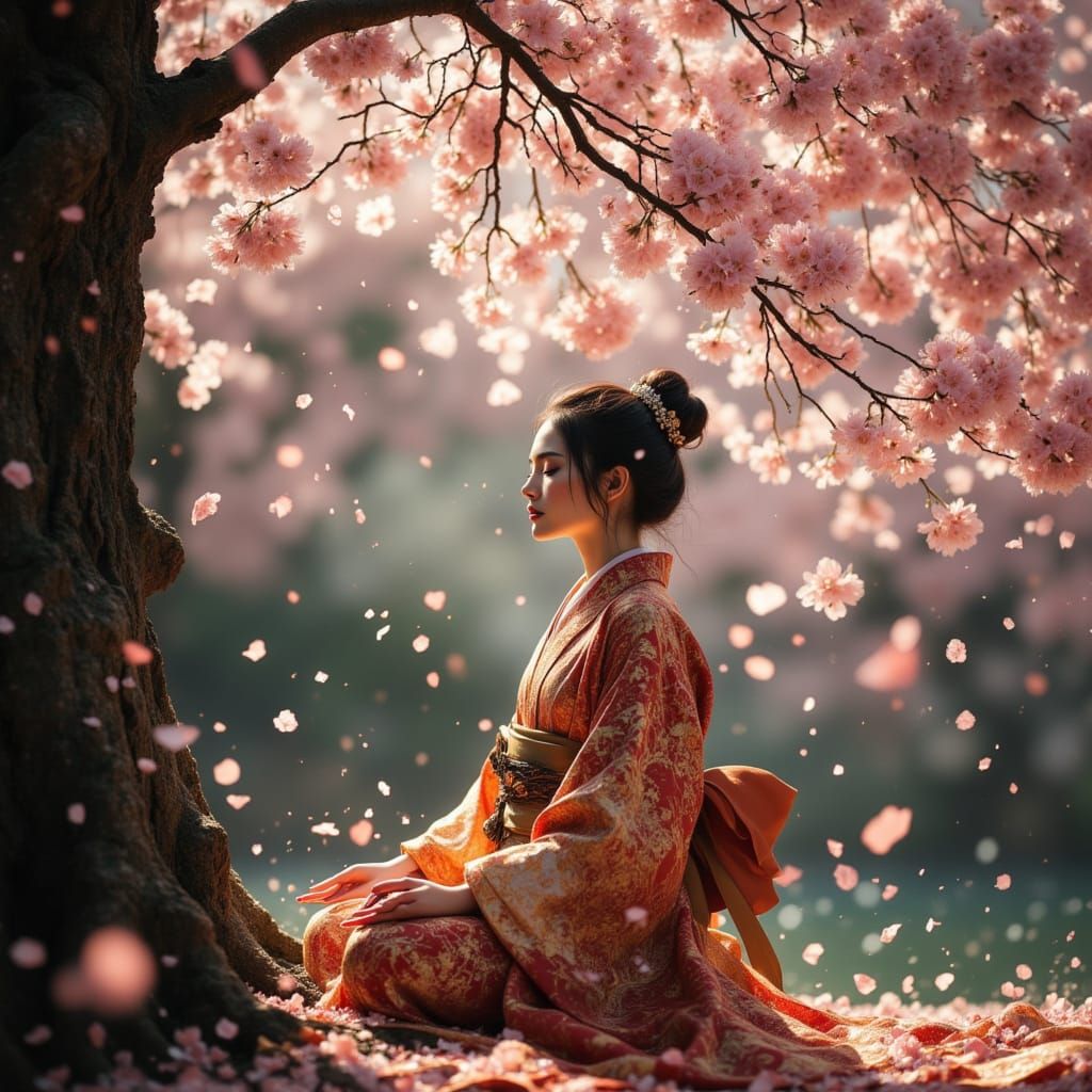 Wise Samurai Woman Meditating Under Cherry Blossoms in Chiar...
