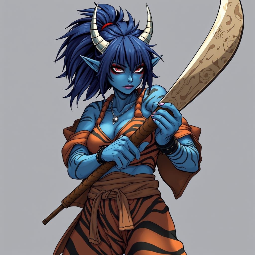 Blue Oni Ogre with Kanabo in Anime Style