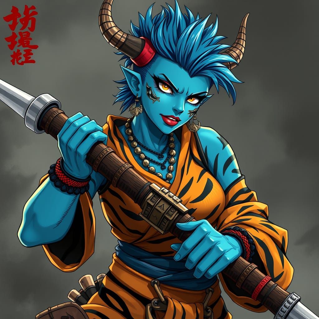 Punk Oni Ogre with Kanabo in Anime Style