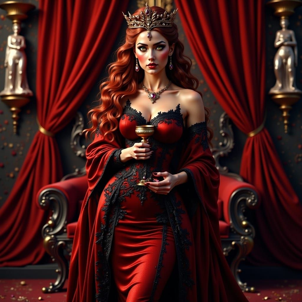 Majestic Raven-Haired Queen in Red Velvet Gown