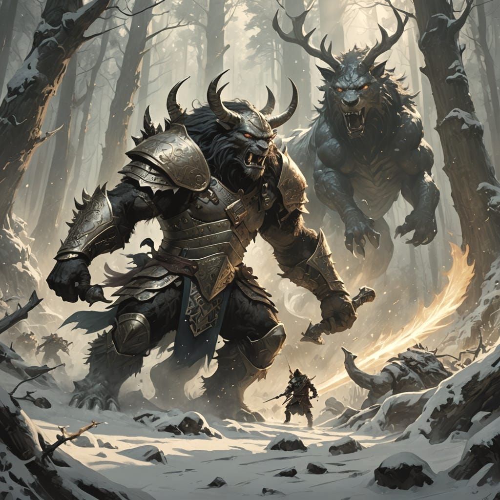 Fantastical Fight Scene in Detailed Matte Painting Style