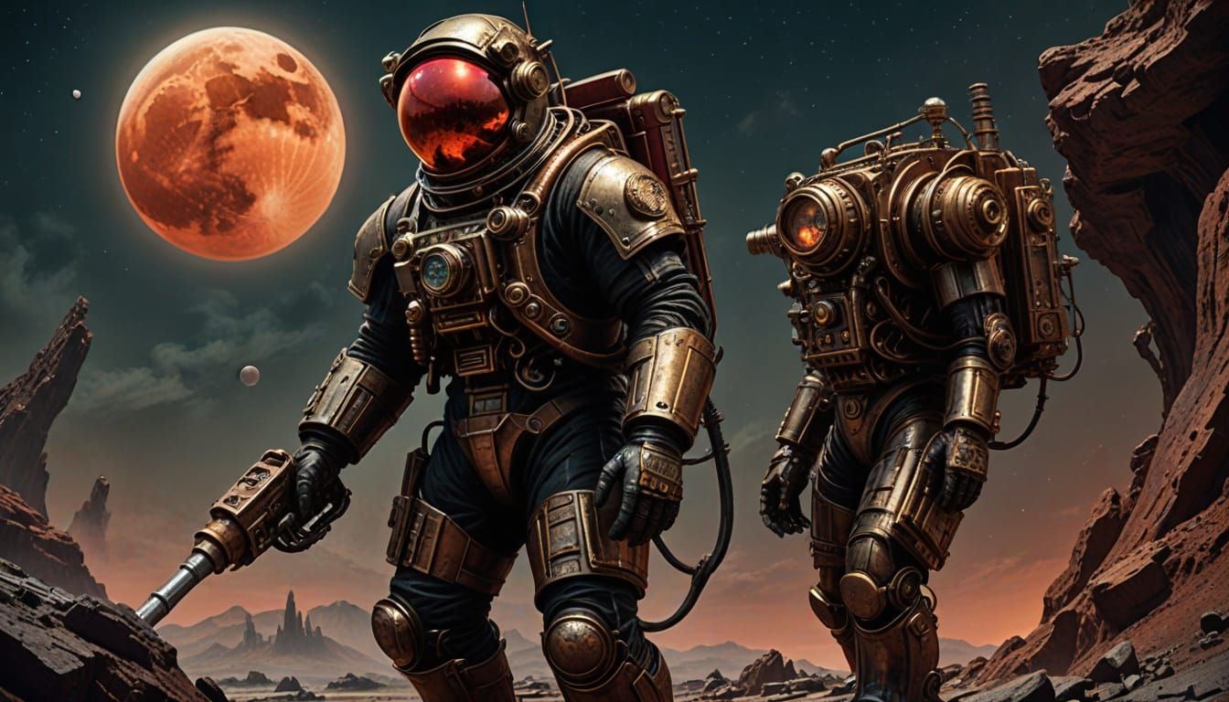 Gritty Steampunk Astronaut Drills into Rocky Terrain