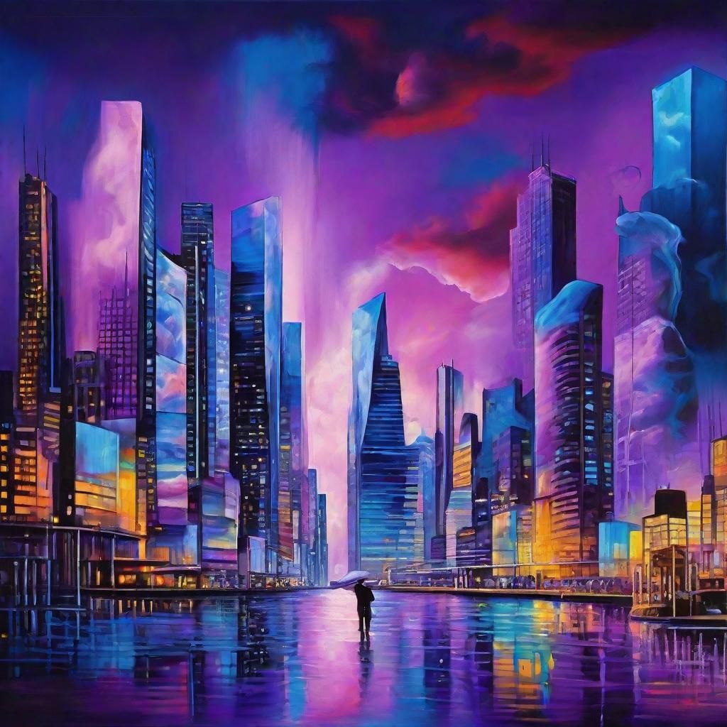 Surreal Futuristic Cityscape in Vibrant Oil Painting