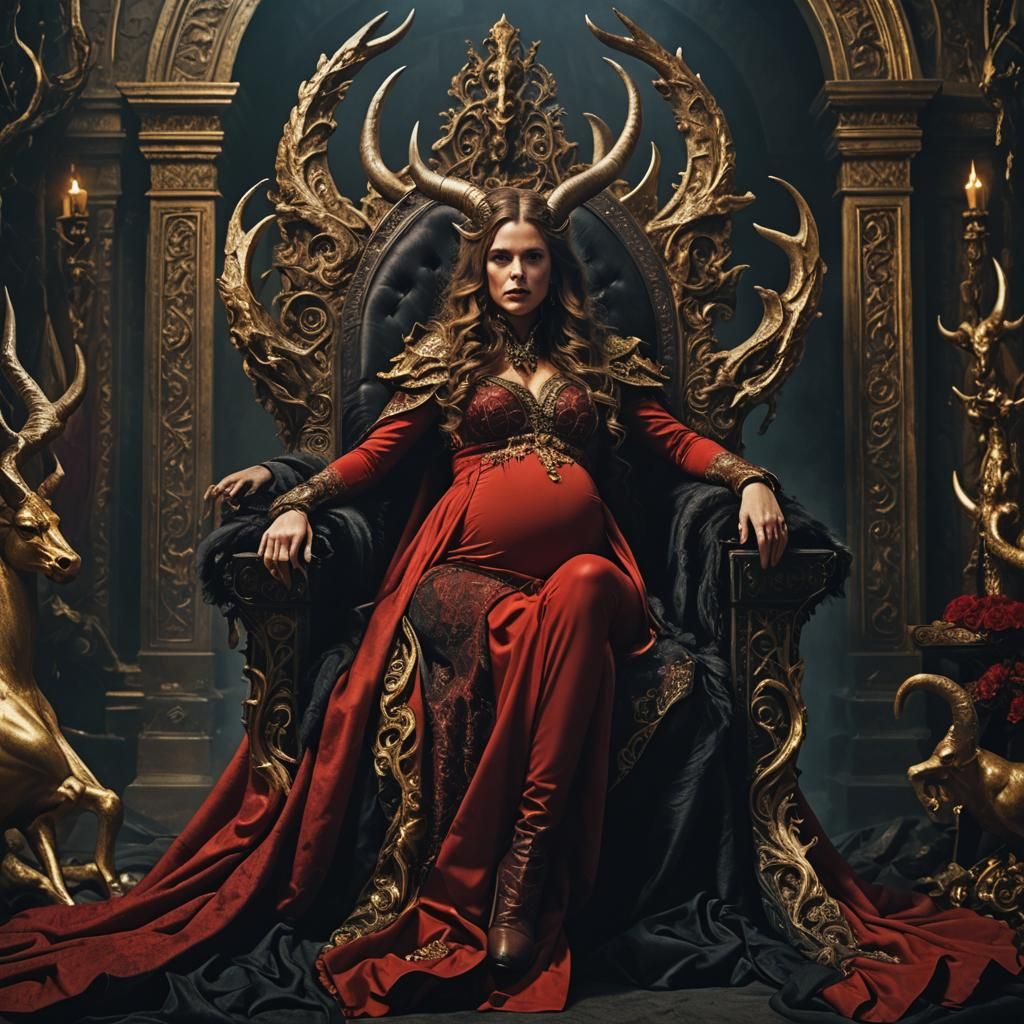 Regal Horned Woman on Throne in Dark Fantasy Art