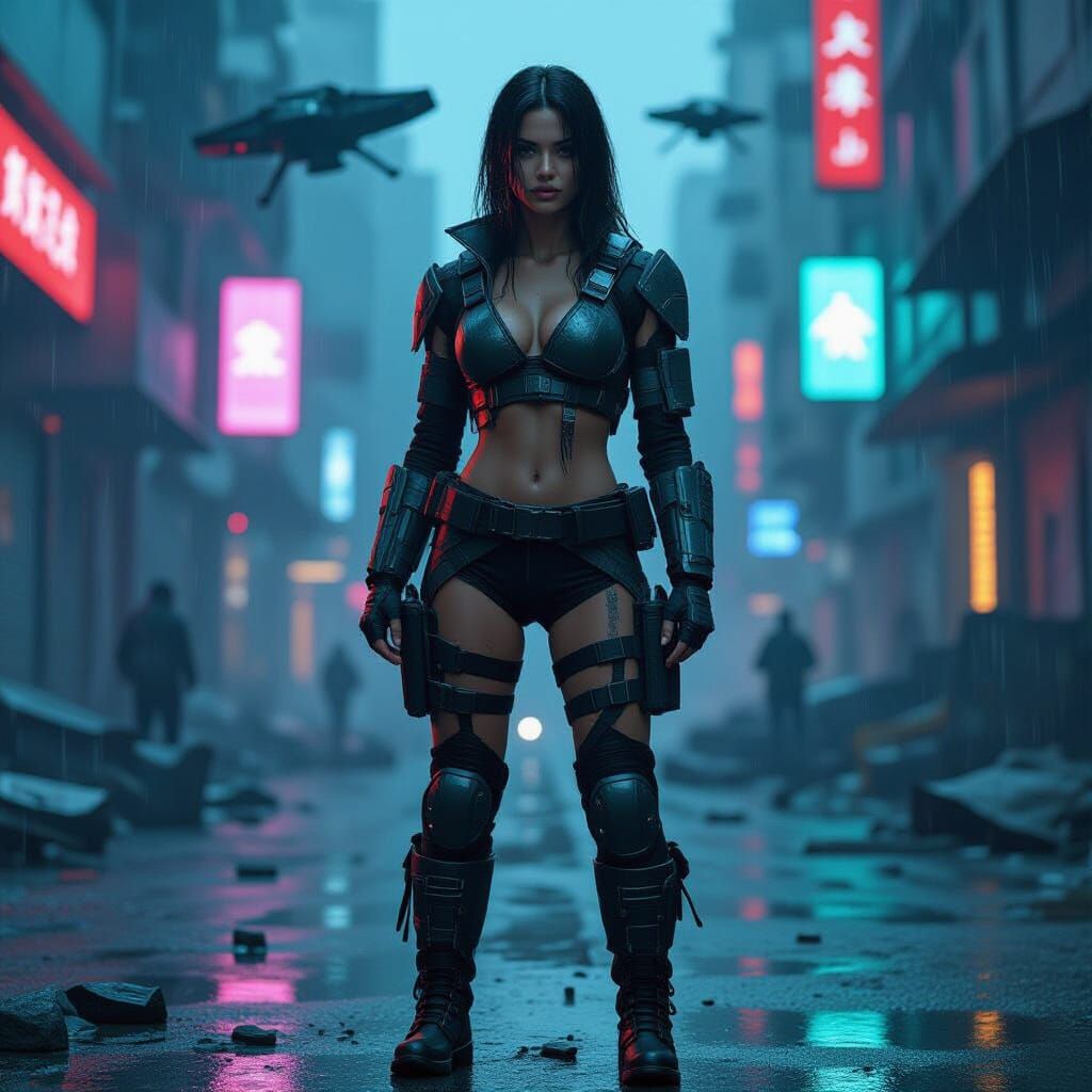 Cyberpunk Warrior in Neon Battlefield