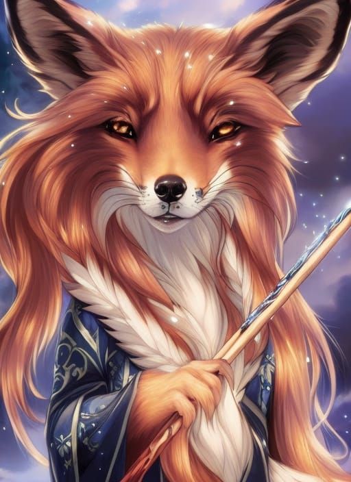 Fox Playing Flute in Astral Meadow: Anime Illustration