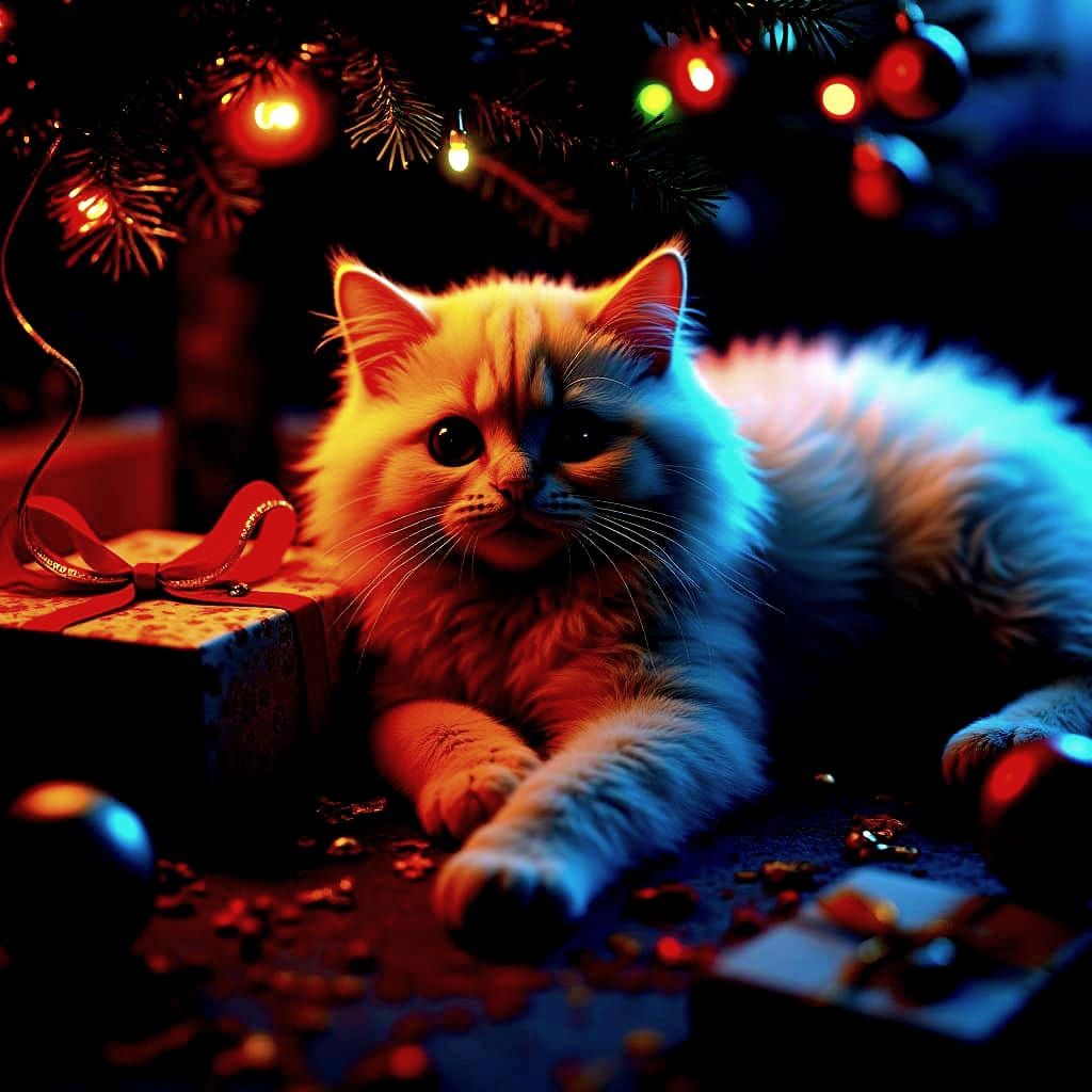 Festive Cat Amidst Mzo Packages and Christmas Delights