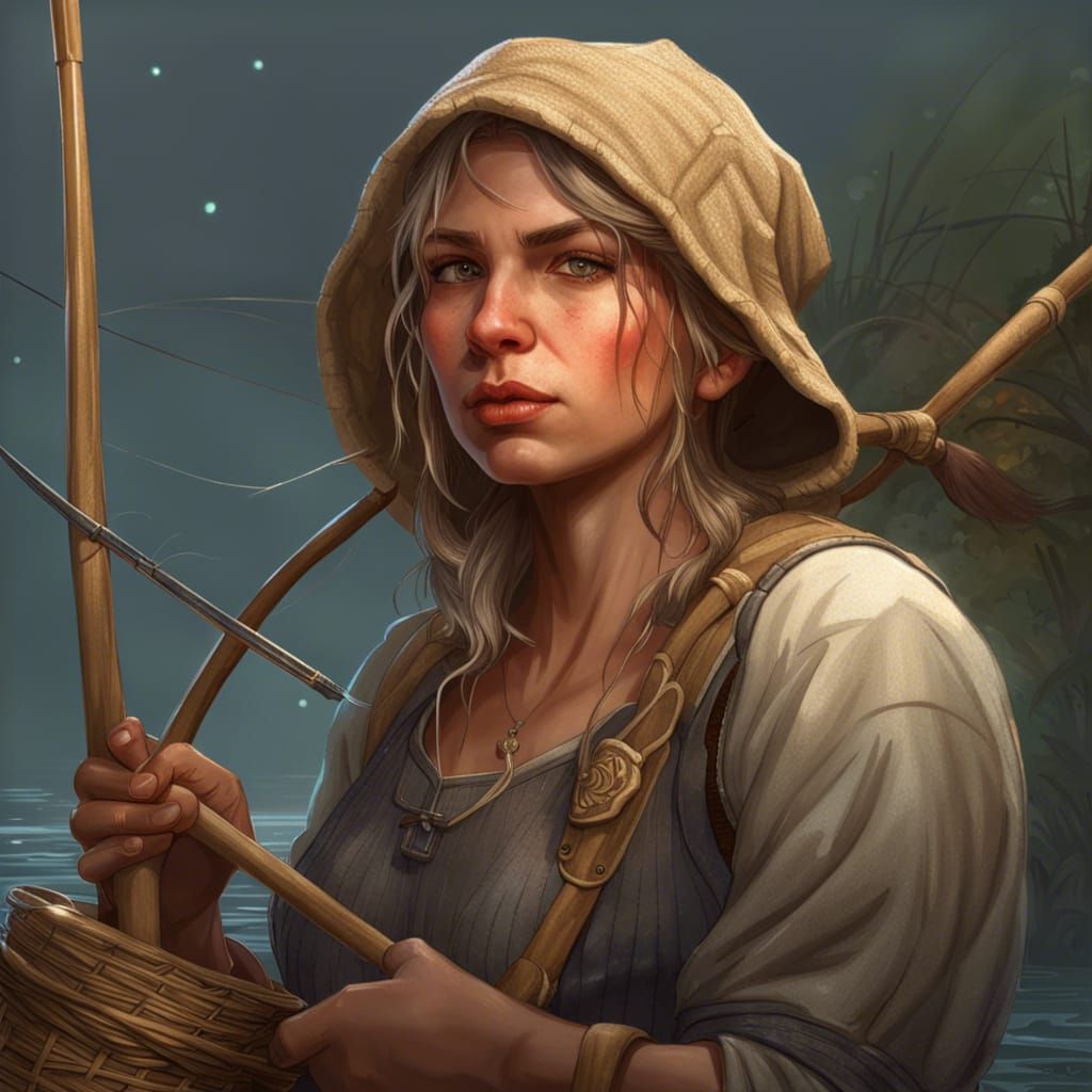 Medieval Peasant Woman Fishing: Hyperdetailed Portrait