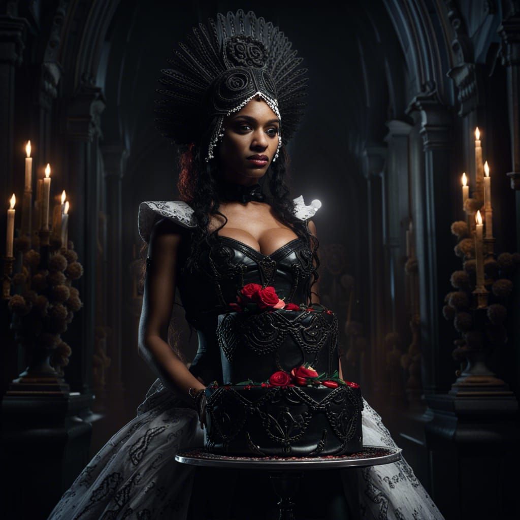 Gothic Bride in Black Dress with Cake