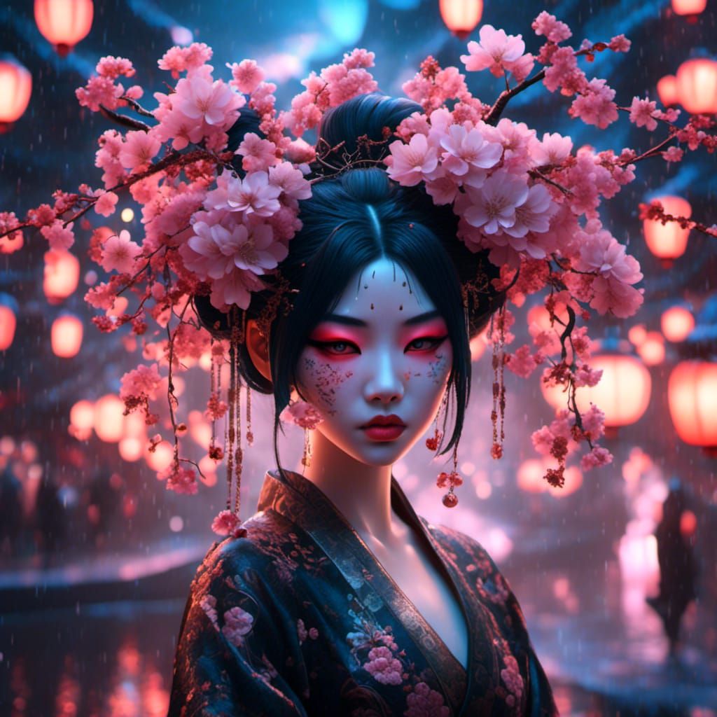 Tattooed Goth Girl with Hannya Mask and Sakura