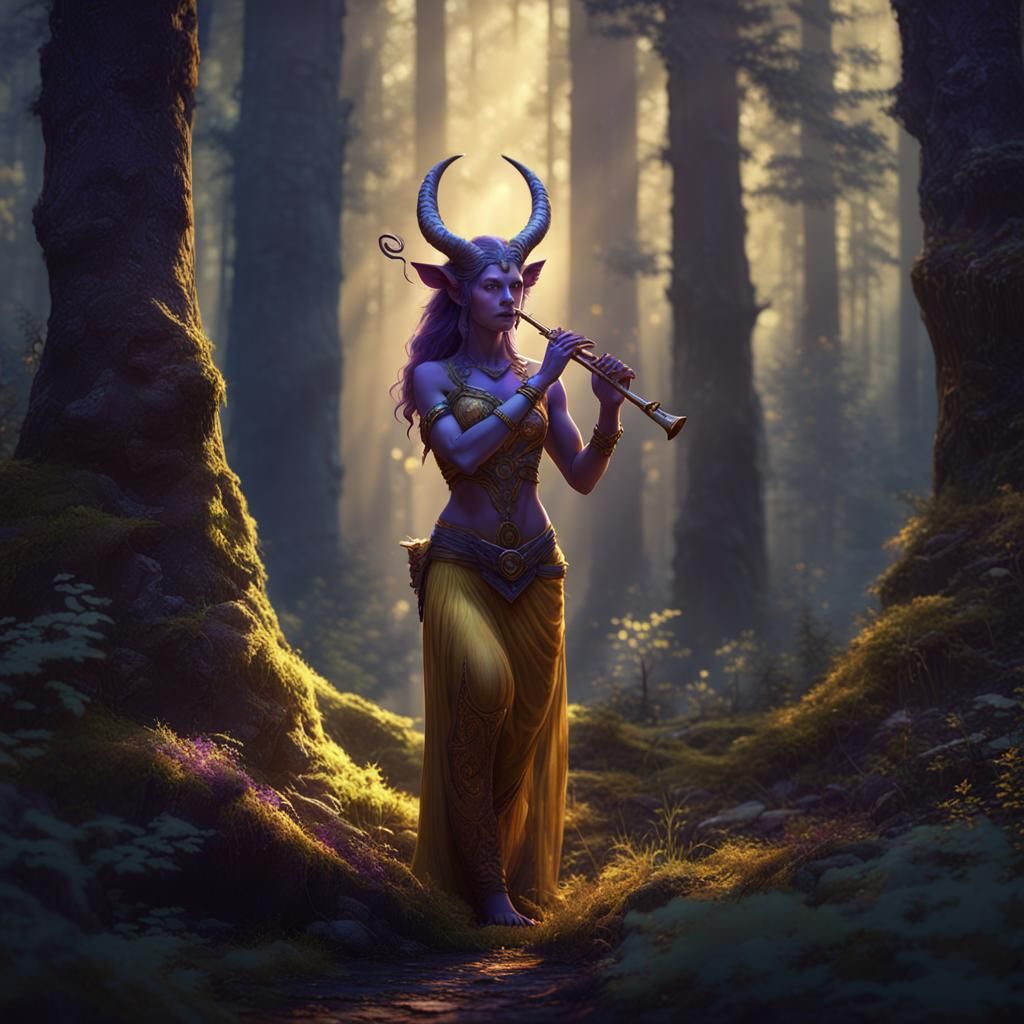 Female Satyr Playing Flute in Dark Forest