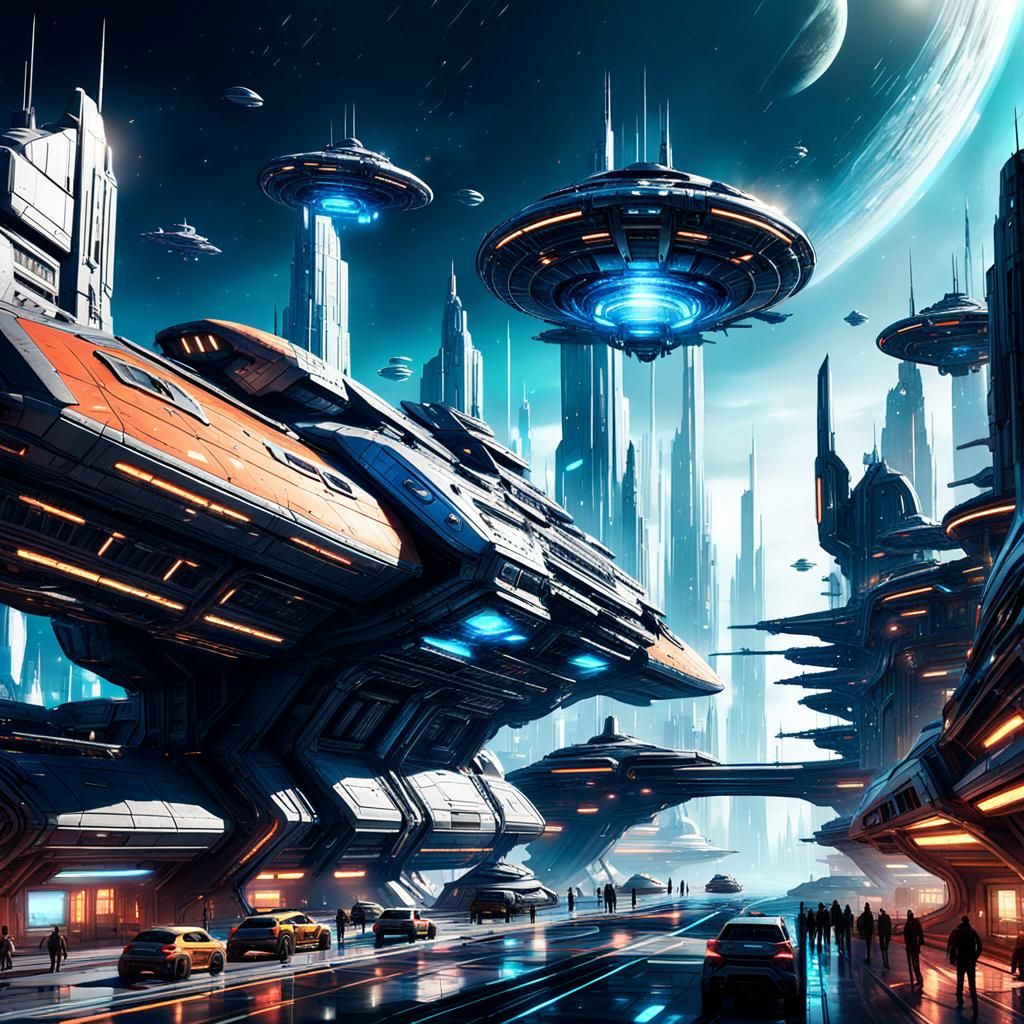 Futuristic Cityscape with Spaceships in Sci-Fi Style
