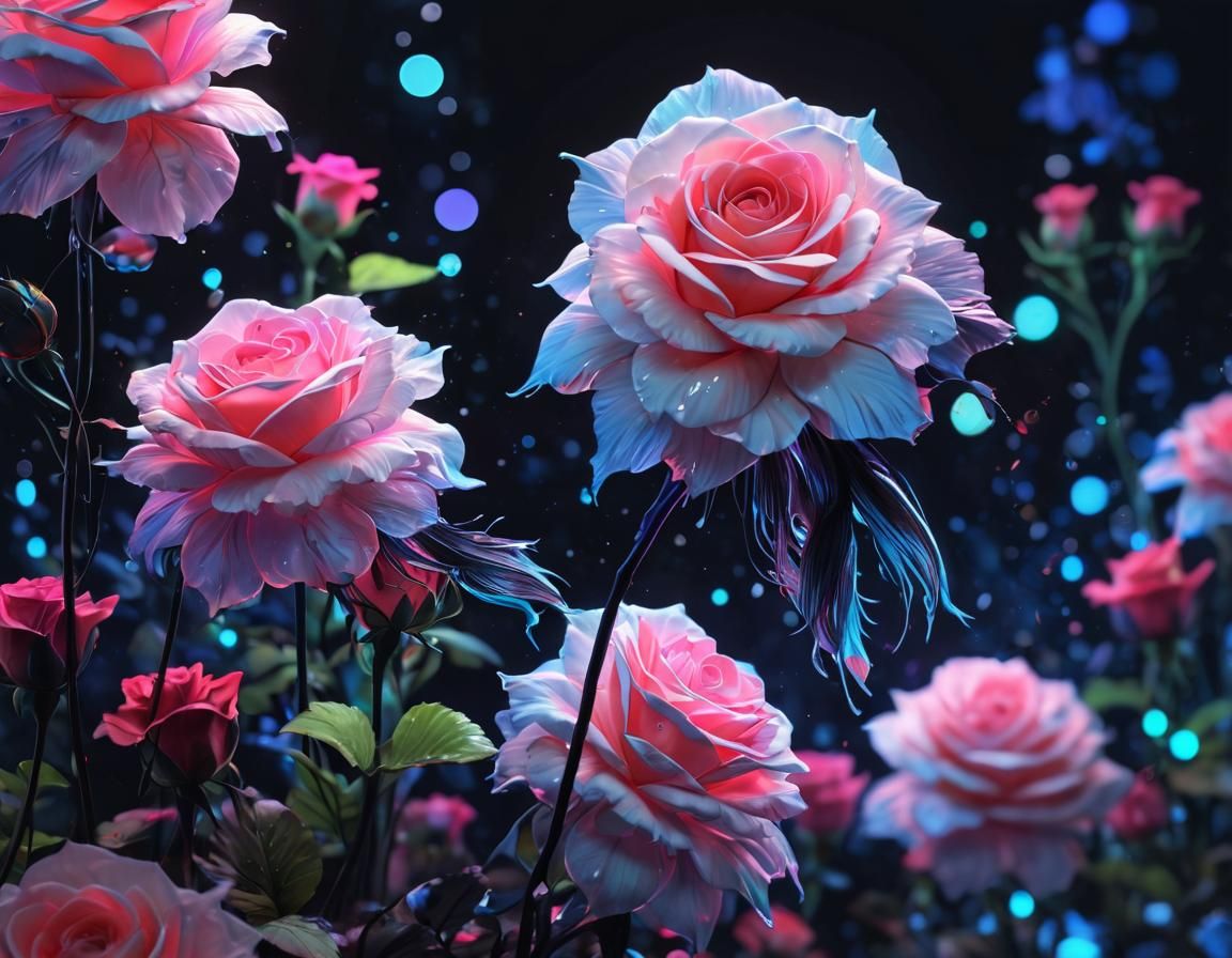 Holographic Betta Fish with Neon Roses in Anime Style