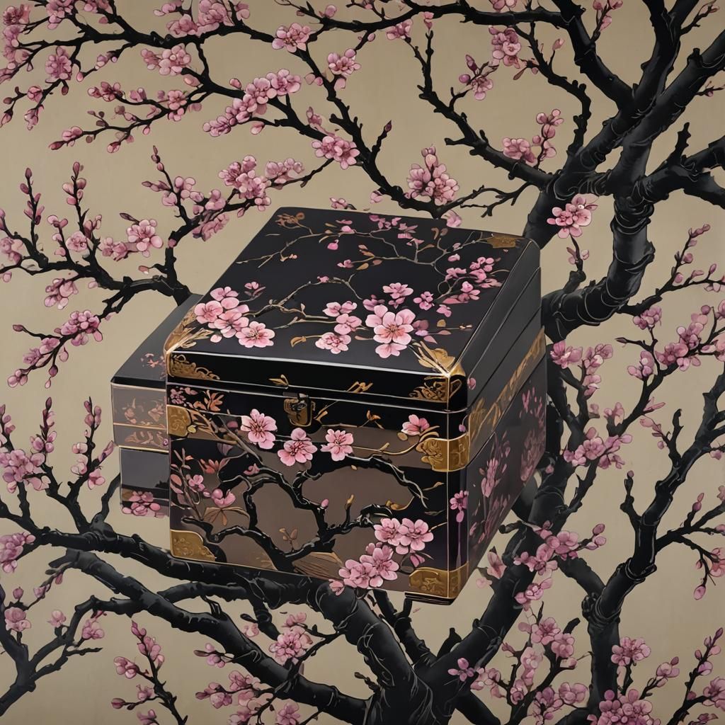 Delicate Japanese Lacquerware Box with Plum Blossoms in Bold...