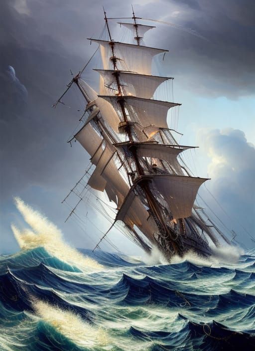 Whaling Ship in Stormy Seas: Digital Illustration