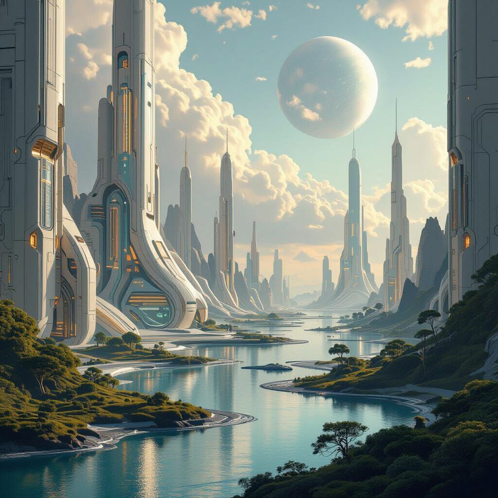 Serene Futuristic World with Integrated Technology