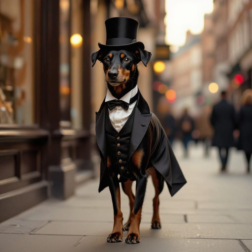 Dog in Regency Finery Strolls London Street
