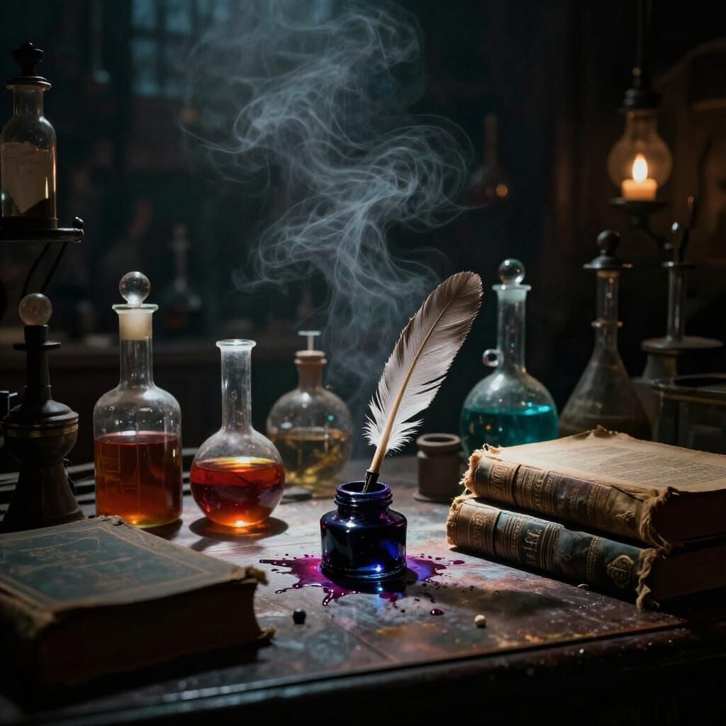 Mystical Alchemist Laboratory with Bubbling Vials and Ancien...