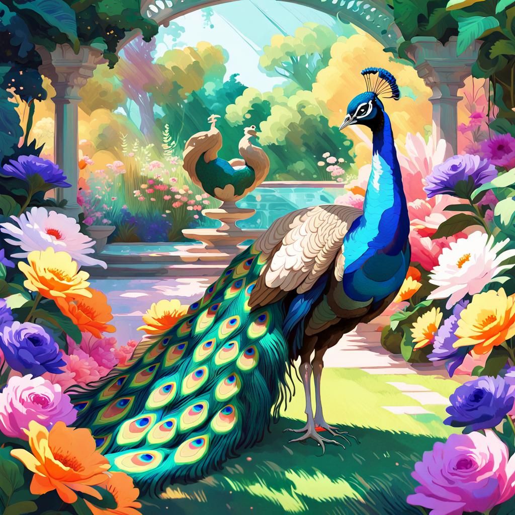 Vibrant Peacock in a Serene Garden