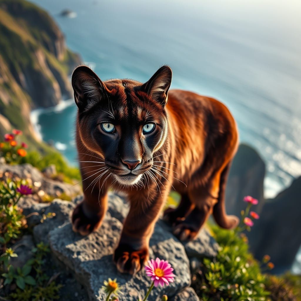 Purple Mountain Lion Overlooking Ocean Cliff