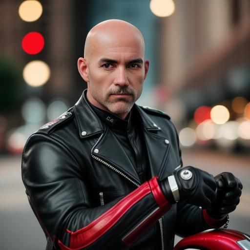Handsome Biker in Red and Black Leather Suit