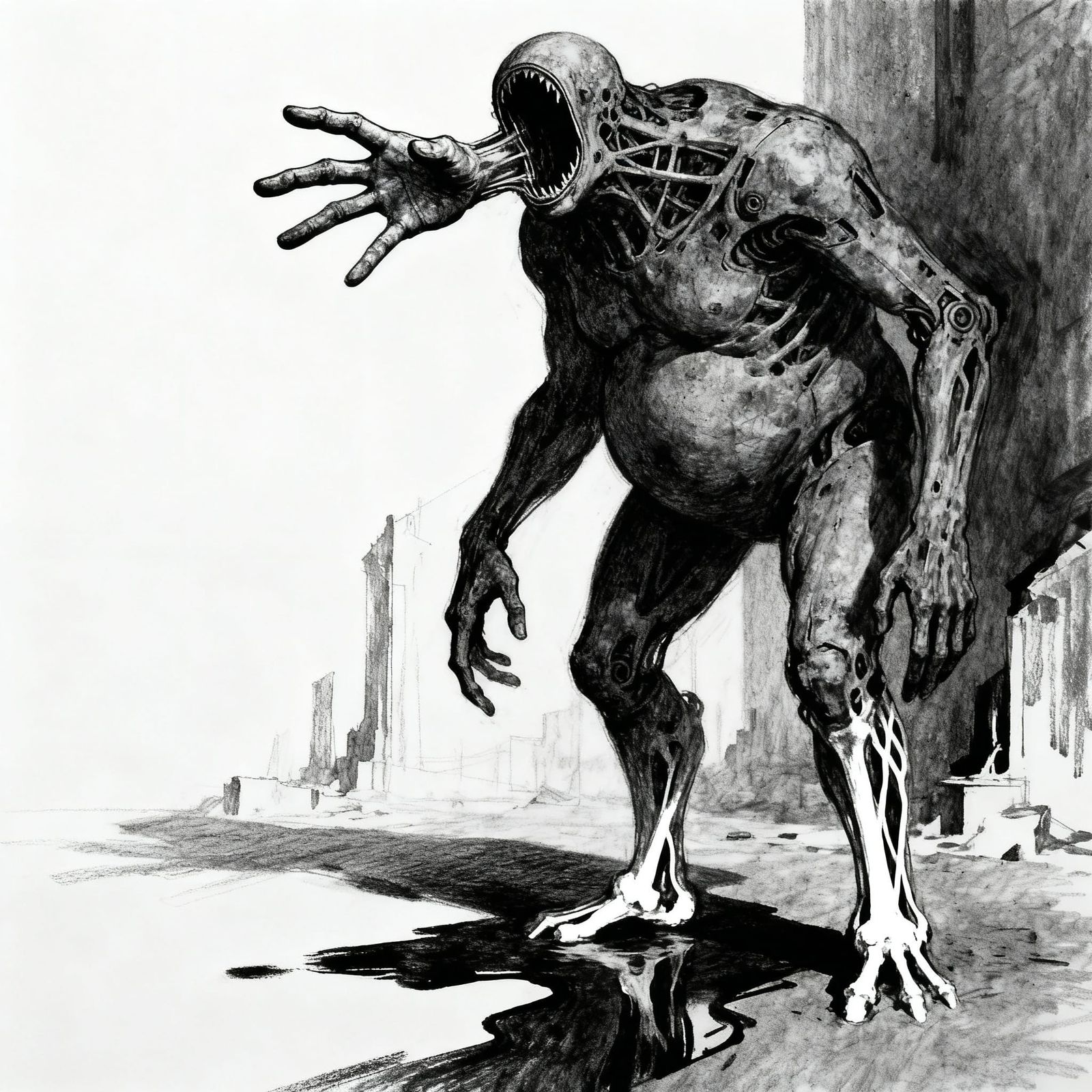 Grotesque Hand-Headed Giant in Gritty Charcoal Style