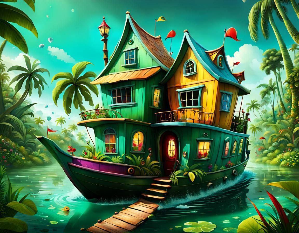 Whimsical Houseboat in Lush Tropical Lagoon