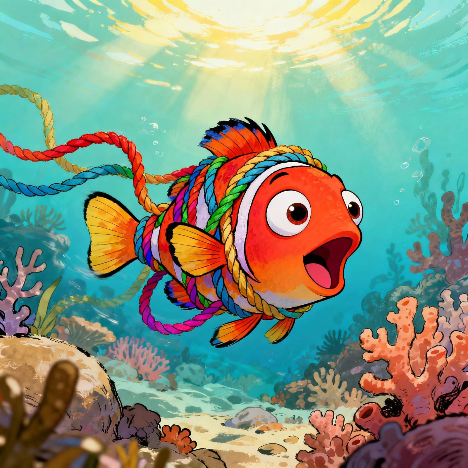 Whimsical Tropical Fish in Coral Reef, Nautical Ropes
