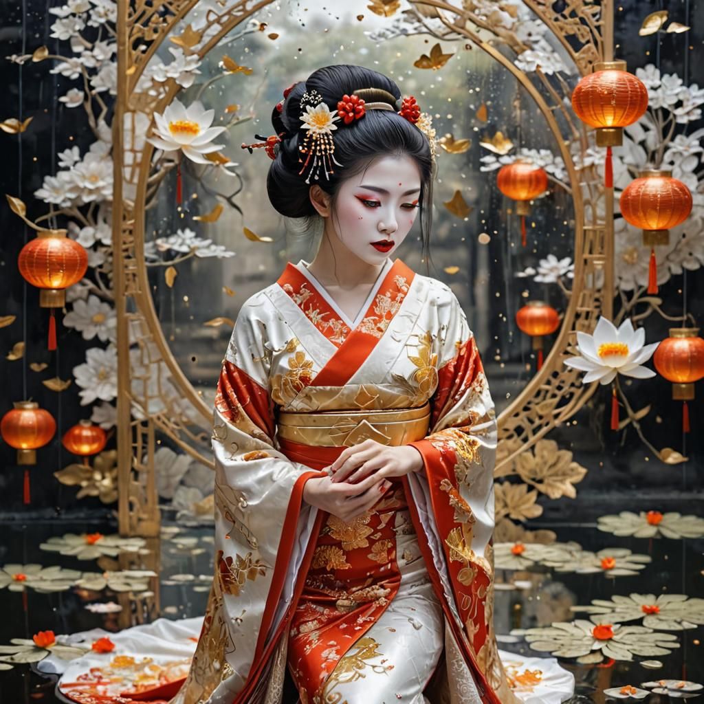 Elegant Geisha Reflecting in a Shattered Mirror