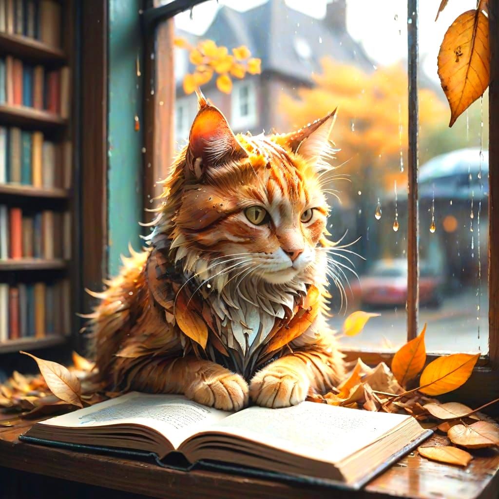 Cozy Bookshop Cat on Rainy Autumn Day