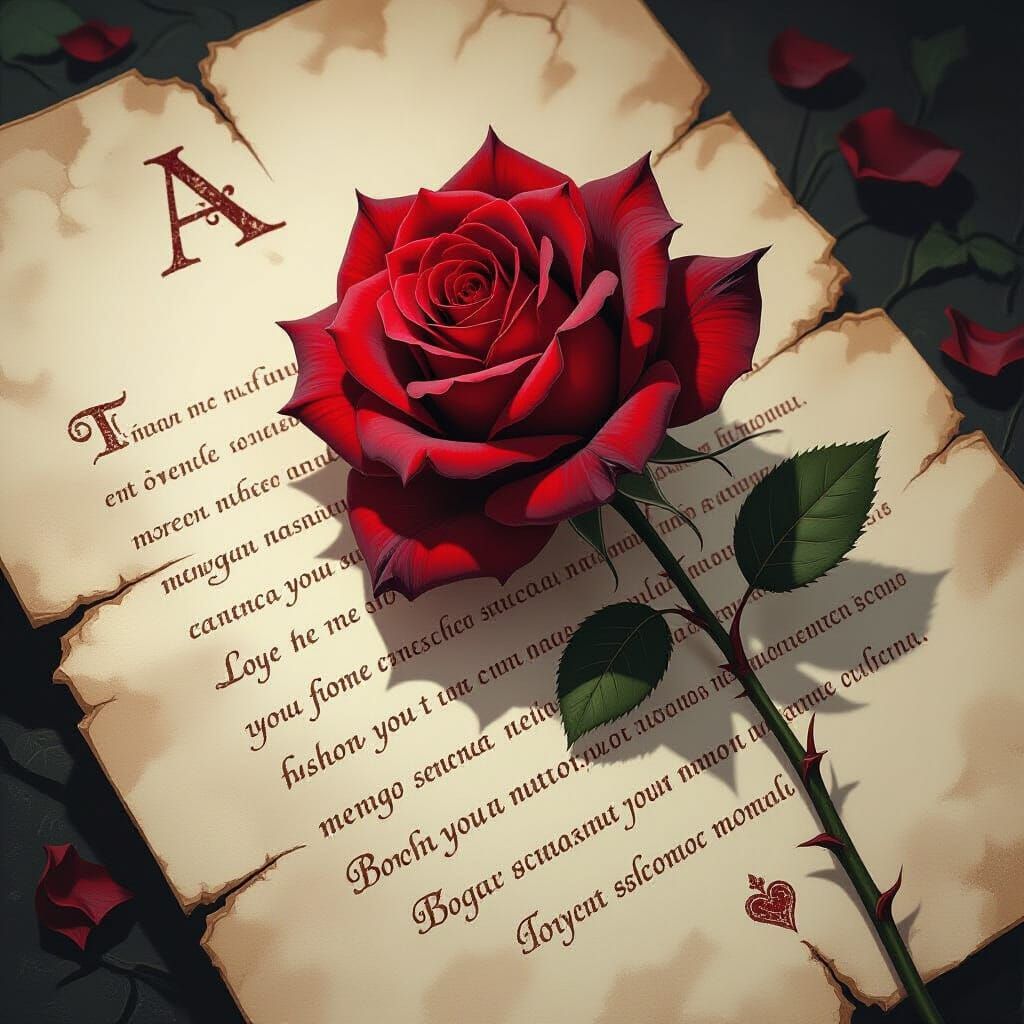 Ghostly Red Rose on Aged Love Letter