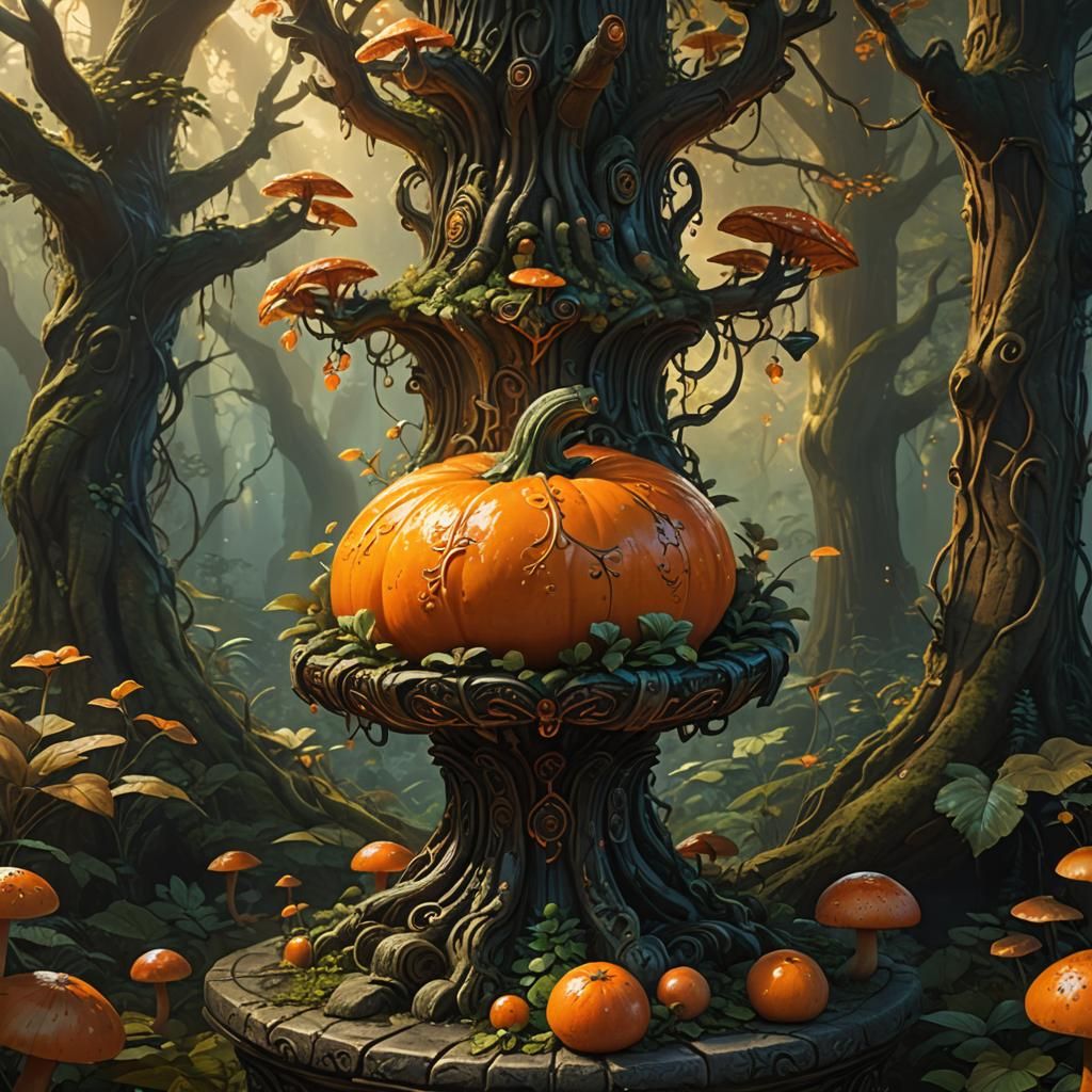 Glowing Fruit on Pedestal in Mystical Forest