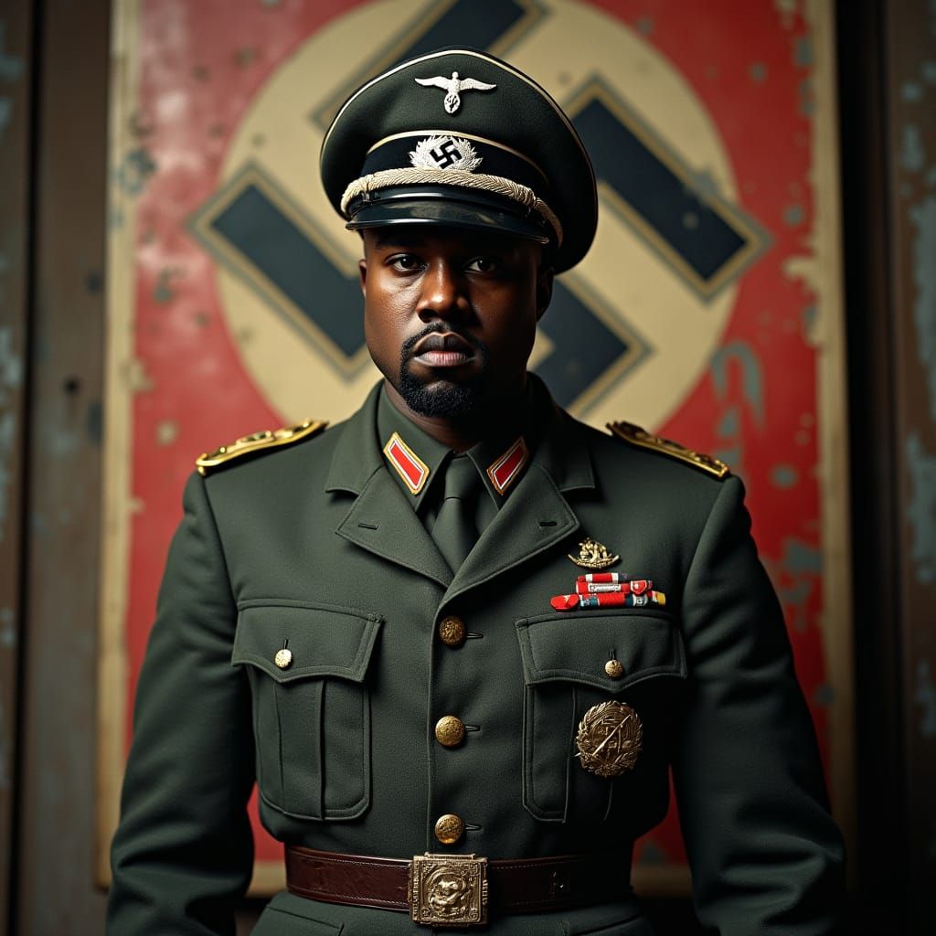 Kanye West in Wartime German Uniform with Haunting Manji Sig...