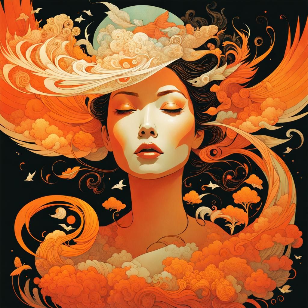 Woman Dissolving into Orange Smoke: Surreal Collage Art