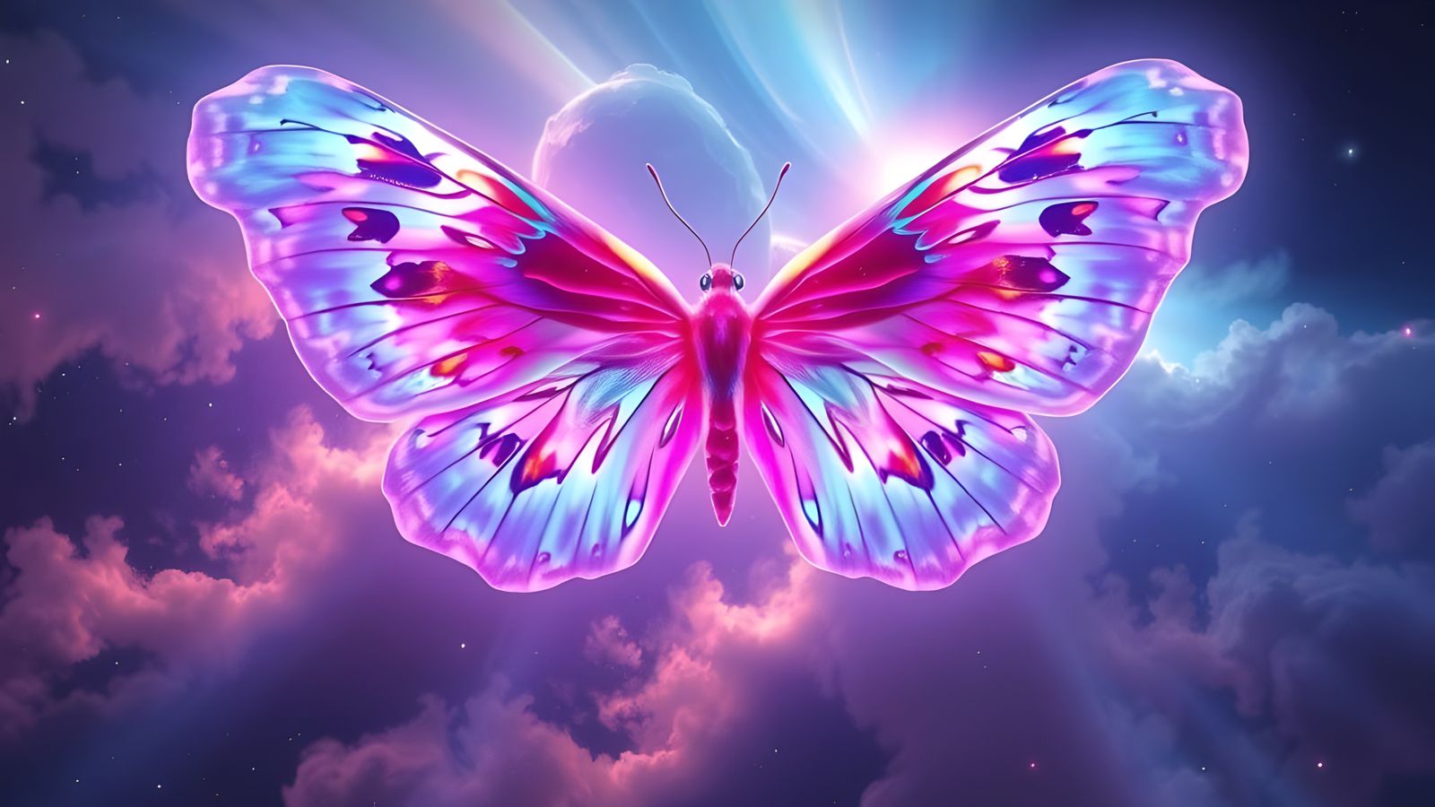 Epic Butterfly Nebula in Neon Holographic Style