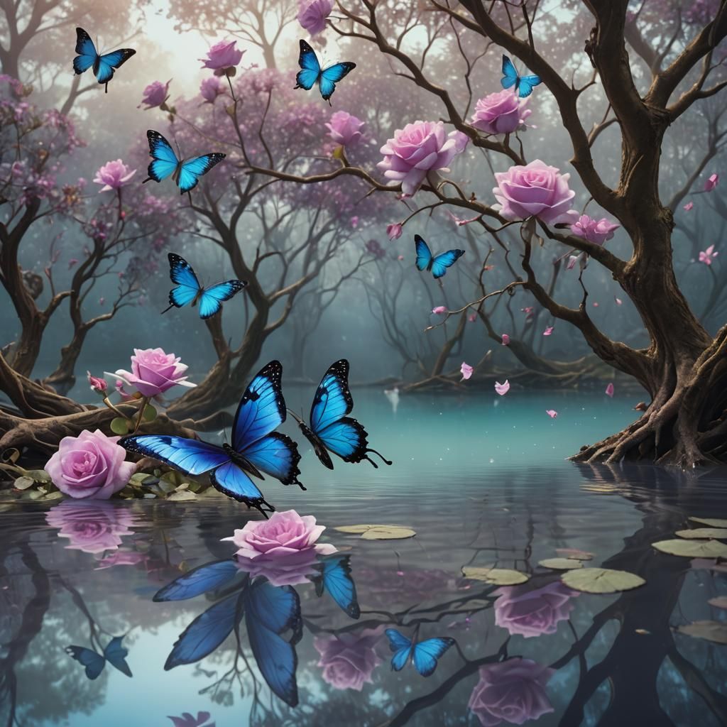 Surreal Blue Butterfly and Purple Rose in Dreamscape