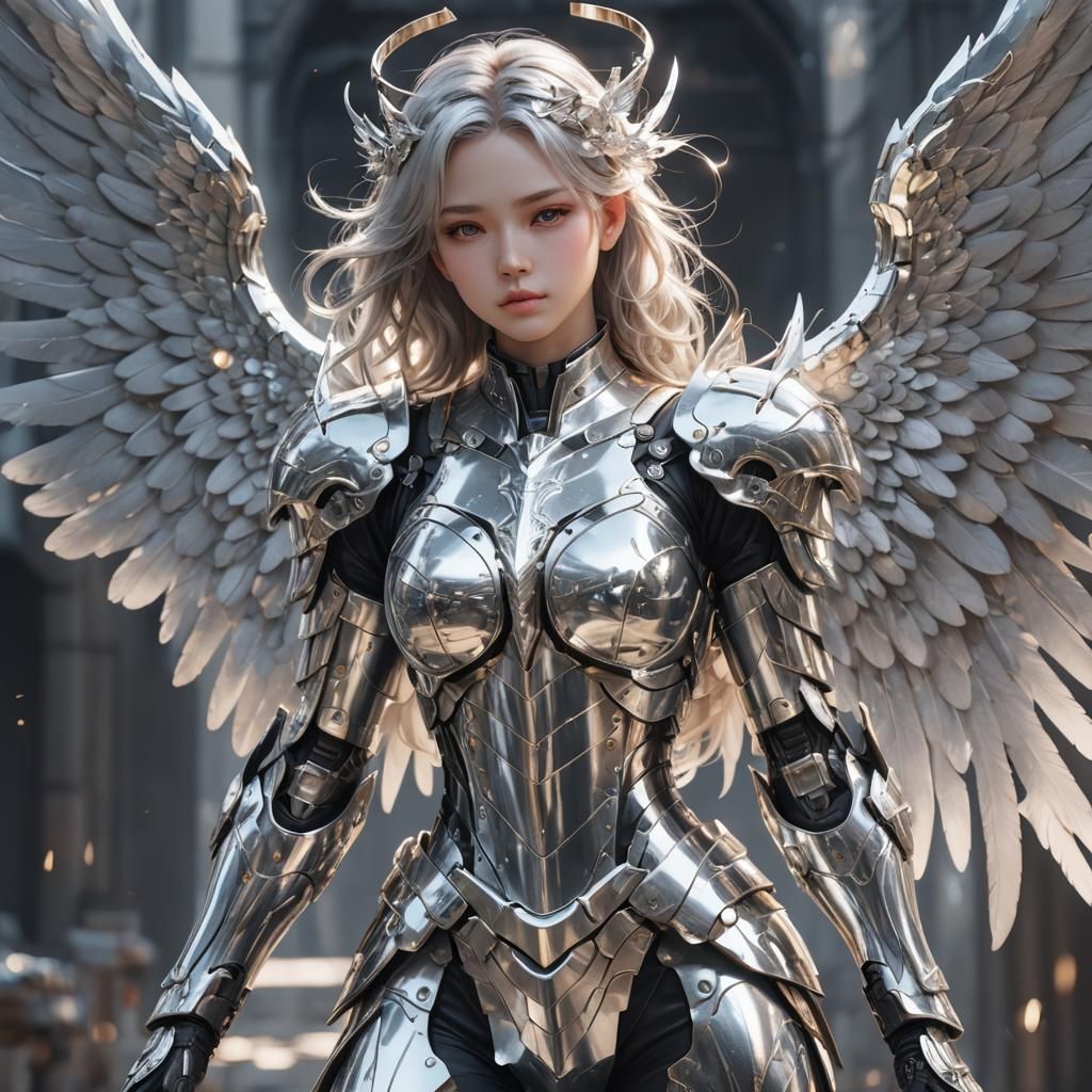 Anime Angel Woman in Shining Platinum Armor
