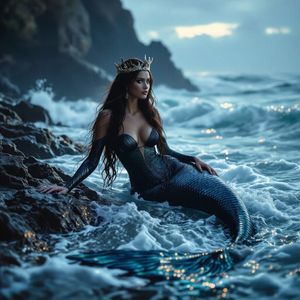 Mysterious Witch-Mermaid in Turbulent Ocean Waters