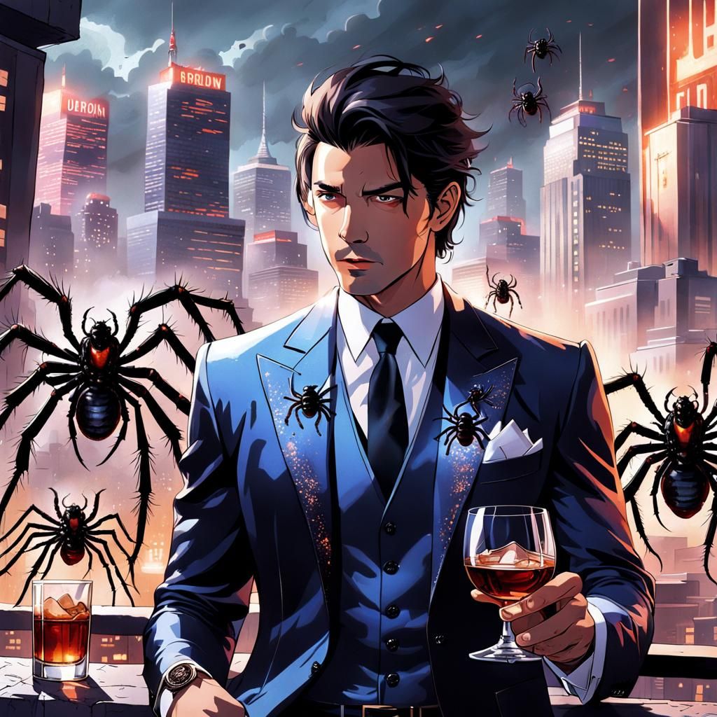 Man in Silk Suit with Spiders in Futuristic City