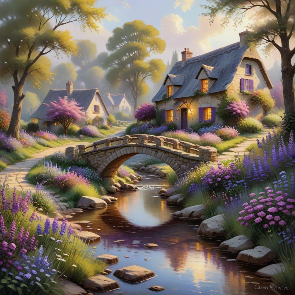 Whimsical Village Scene with Gentle Stream and Lush Greenery