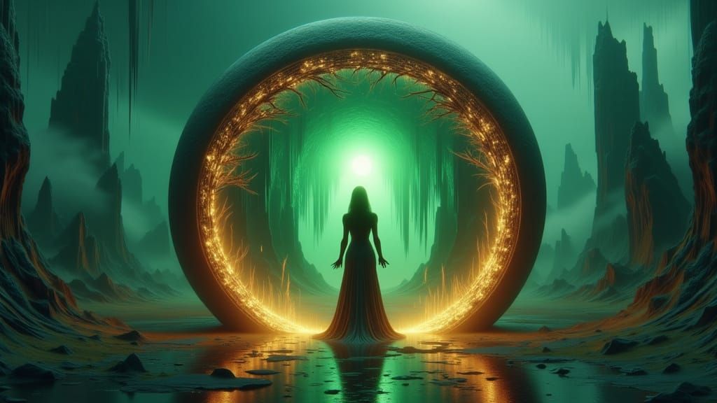 Mystical Woman and Aurora Lights in 3D Rendered Style