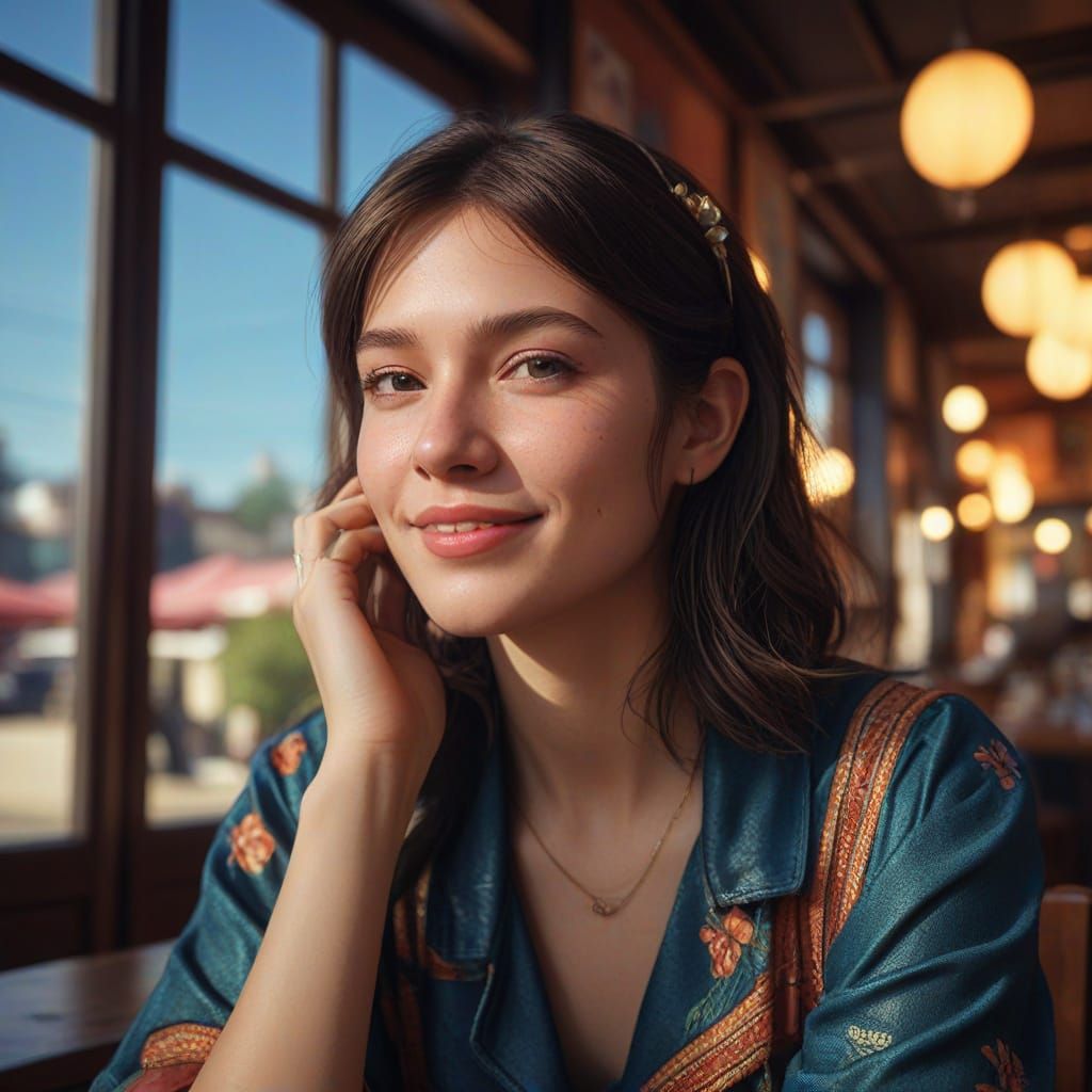 French Woman in Cafe, Sunlight on Face