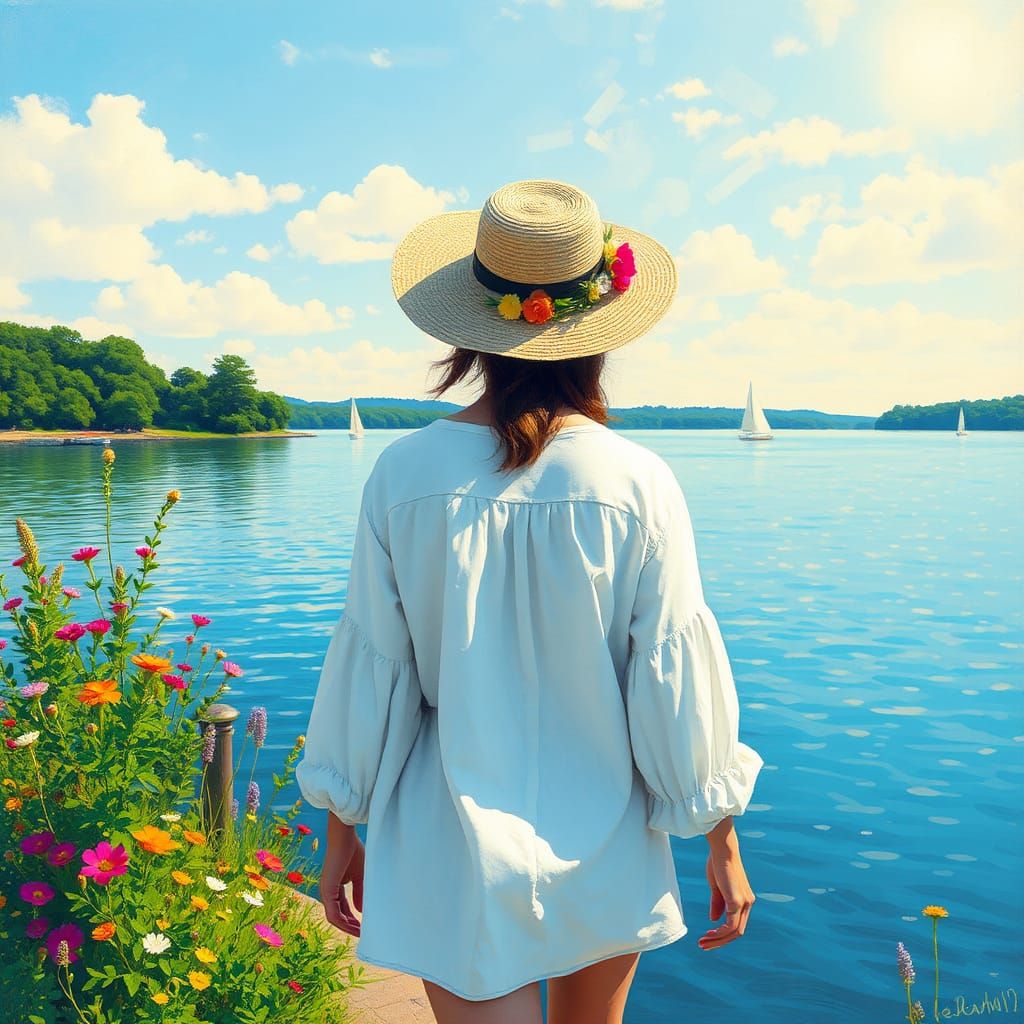 Pointillist Lakeside Stroll on Summer Afternoon