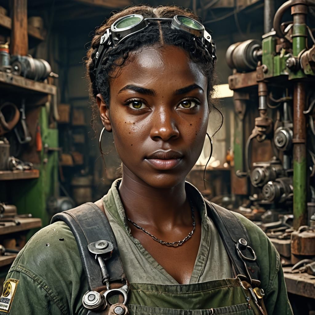 Mechanic with Heterochromia in Post-Apocalyptic Workshop