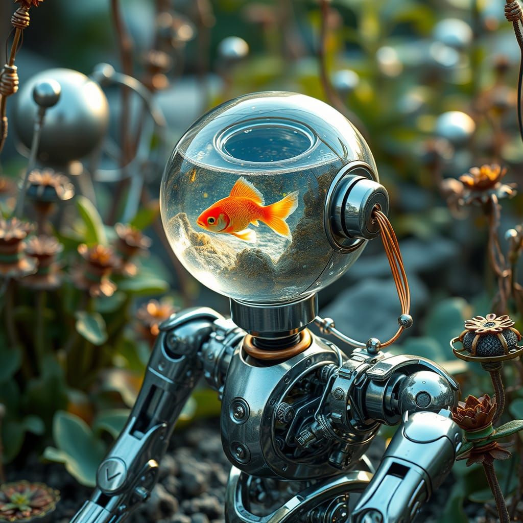 Robot in Futuristic Garden, Retro-Futuristic Style