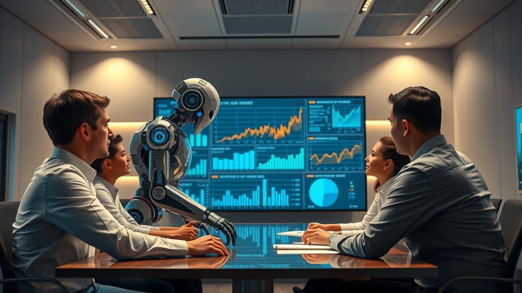 Sleek AI Robot Assists Team in Futuristic Meeting Room