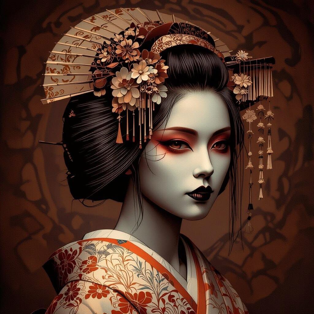 Mysterious Geisha Portrait in Temple, Art Nouveau Style